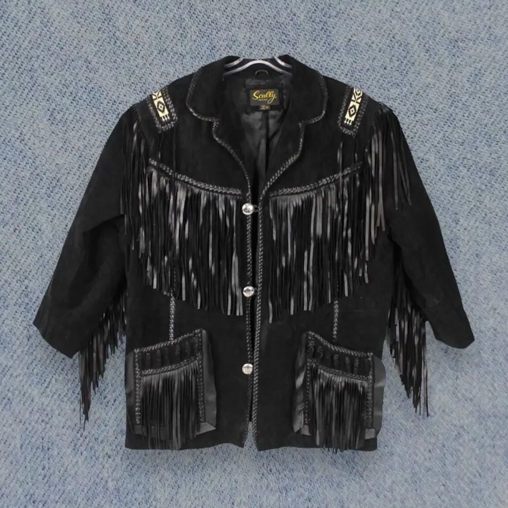 Vintage Scully Men’s Western Fringe Black Leather Beaded Tribal Jacket - Size 52
